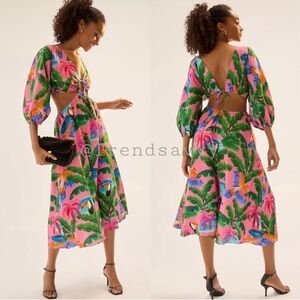 Farm Rio Linen Tropical V-Neck Cutout Midi Dress Anthropologie Pink Green XS NWT